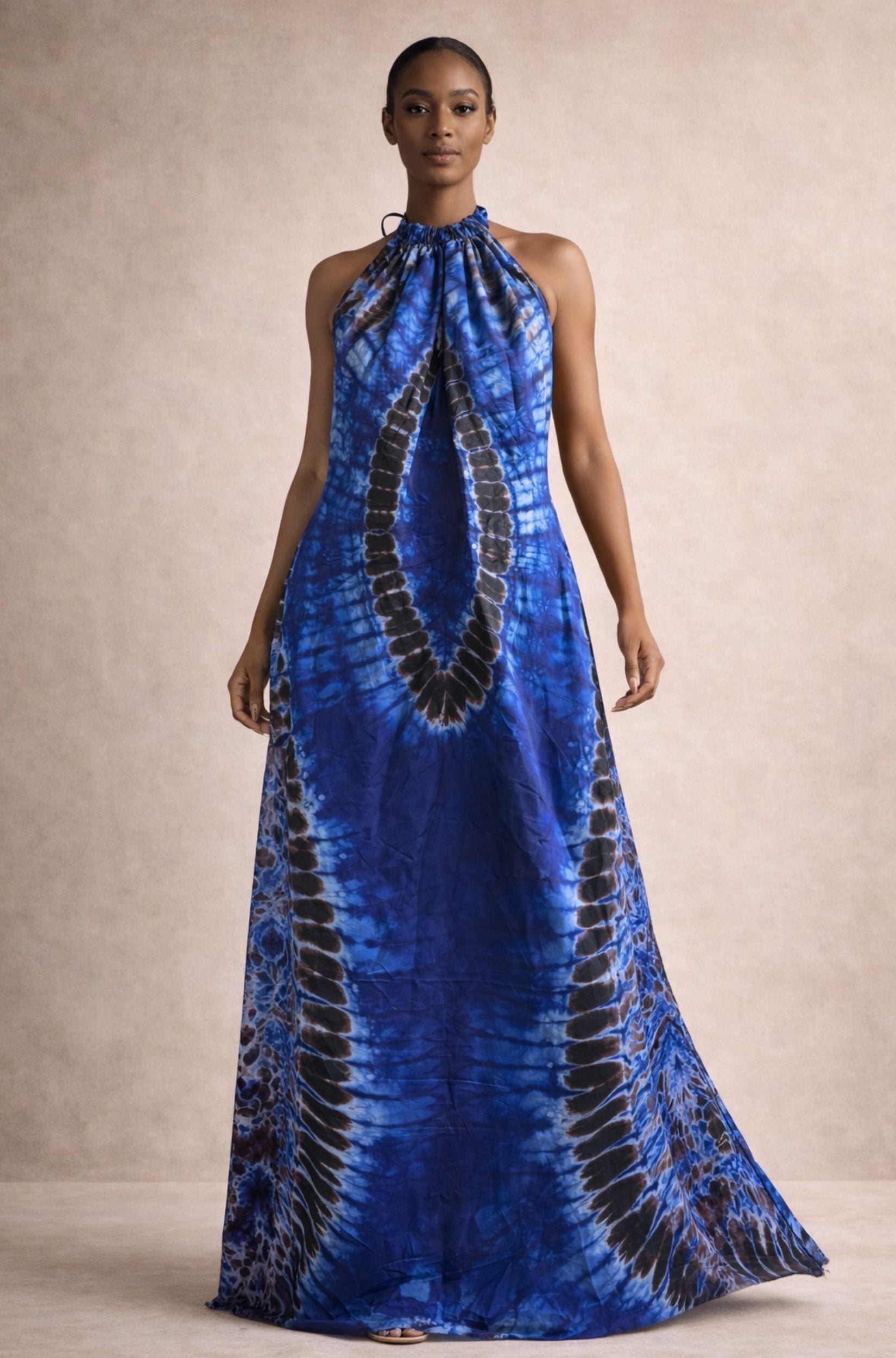 Blue & Brown Halter Maxi Dress