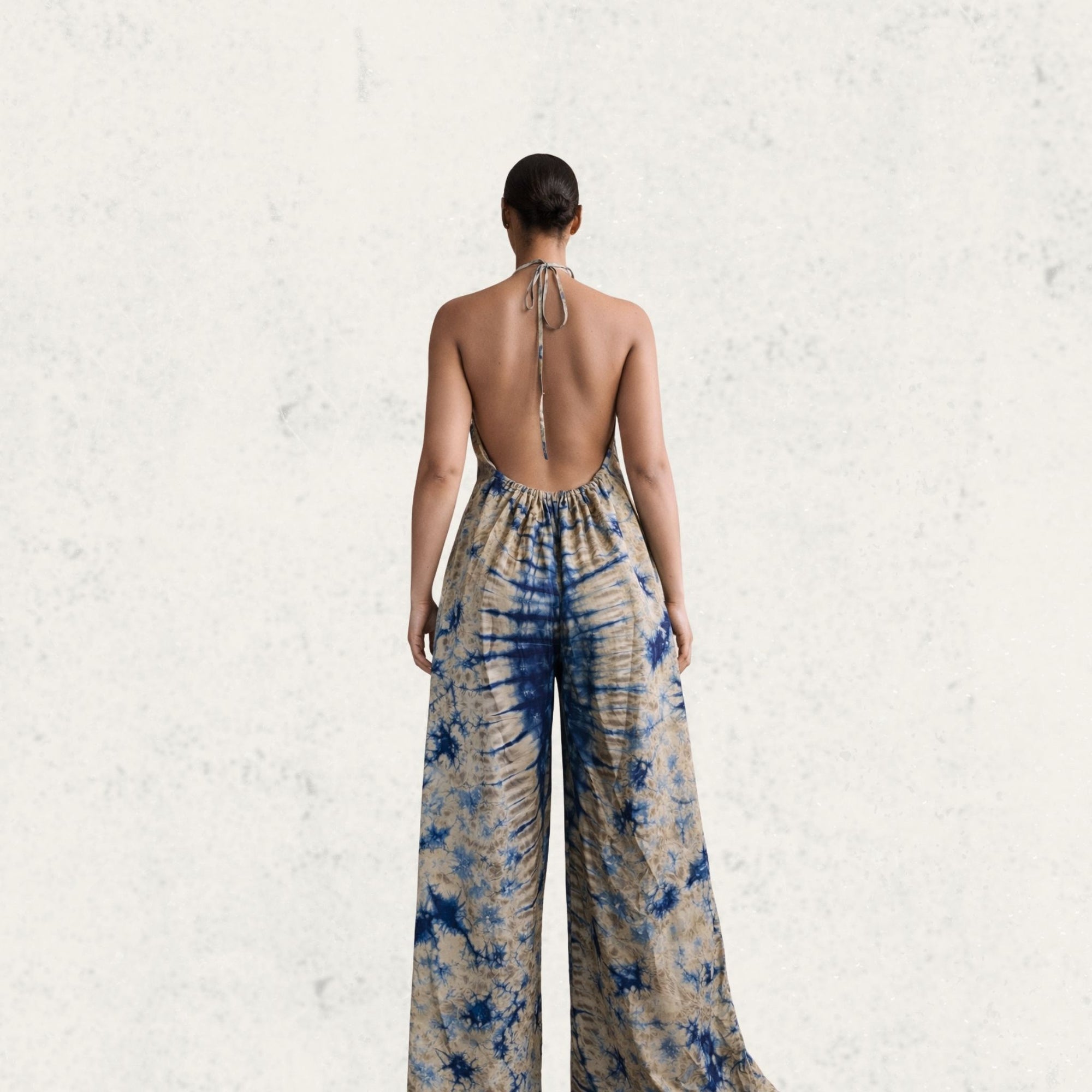 Blue/Tan Tie Dye Halter Jumpsuit