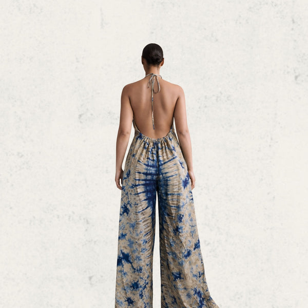 Blue/Tan Tie Dye Halter Jumpsuit