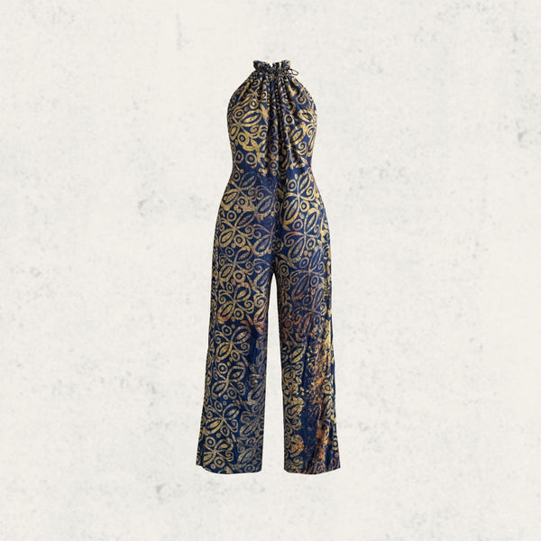 Navy & Gold Adire Halter Jumpsuit