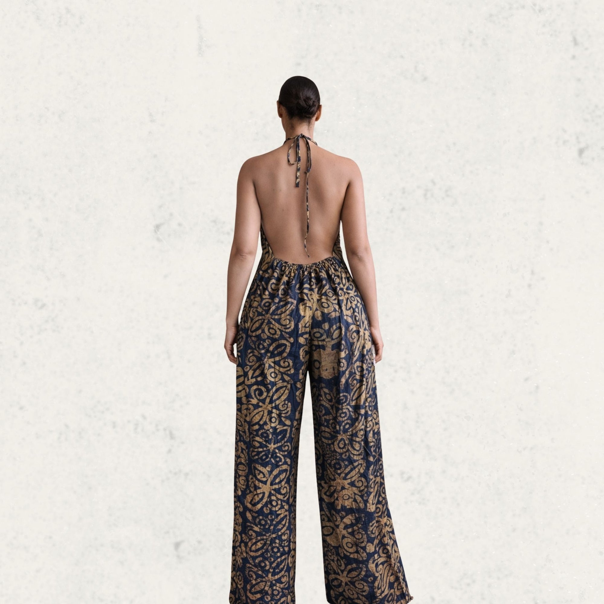 Navy & Gold Adire Halter Jumpsuit