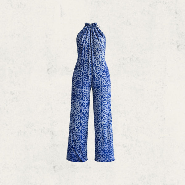 Blue Geo Adire Halter Jumpsuit