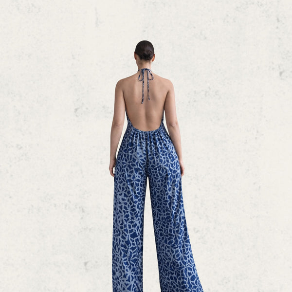 Blue Geo Adire Halter Jumpsuit