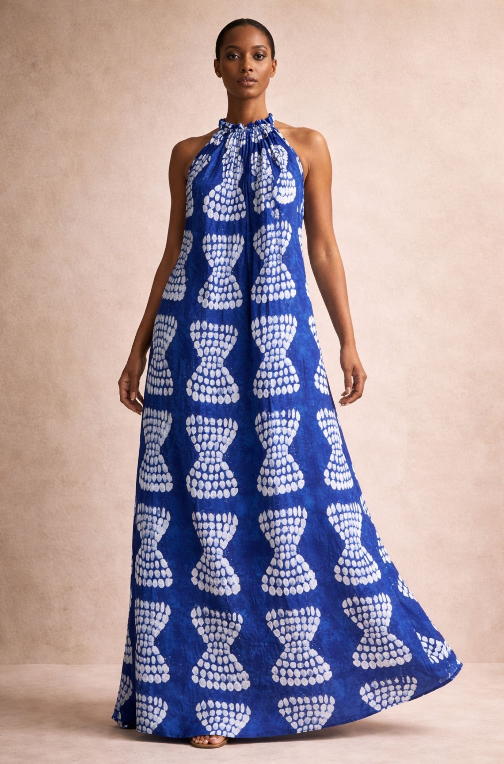 Navy & White Adire Halter Maxi Dress