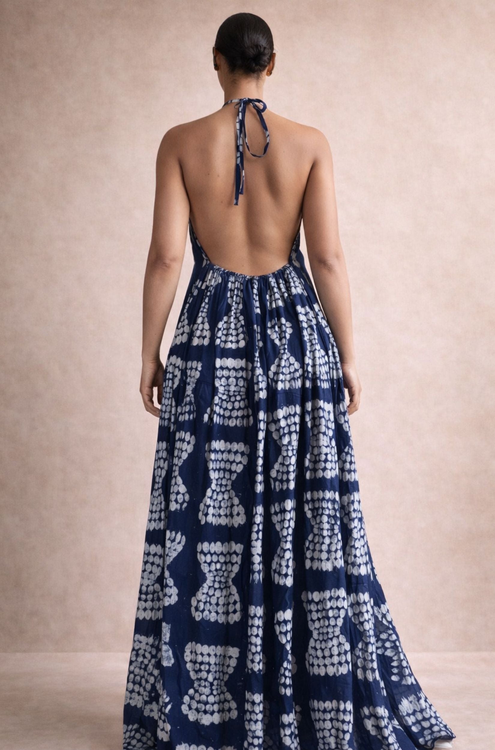Navy & White Adire Halter Maxi Dress