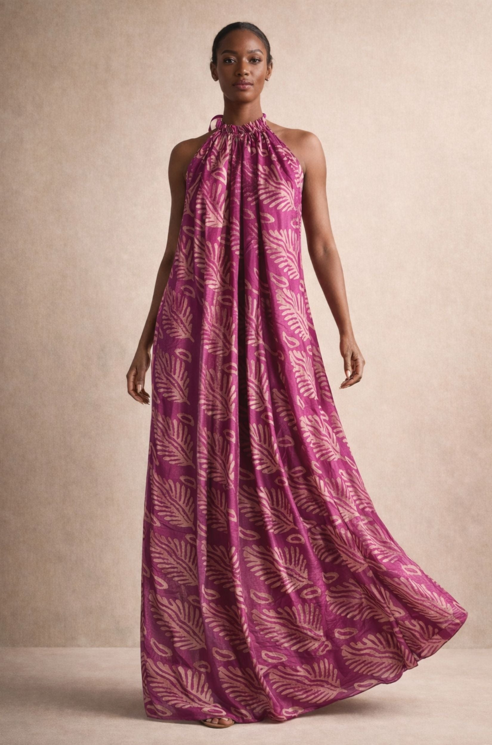 Pink Fern Adire Halter Maxi Dress