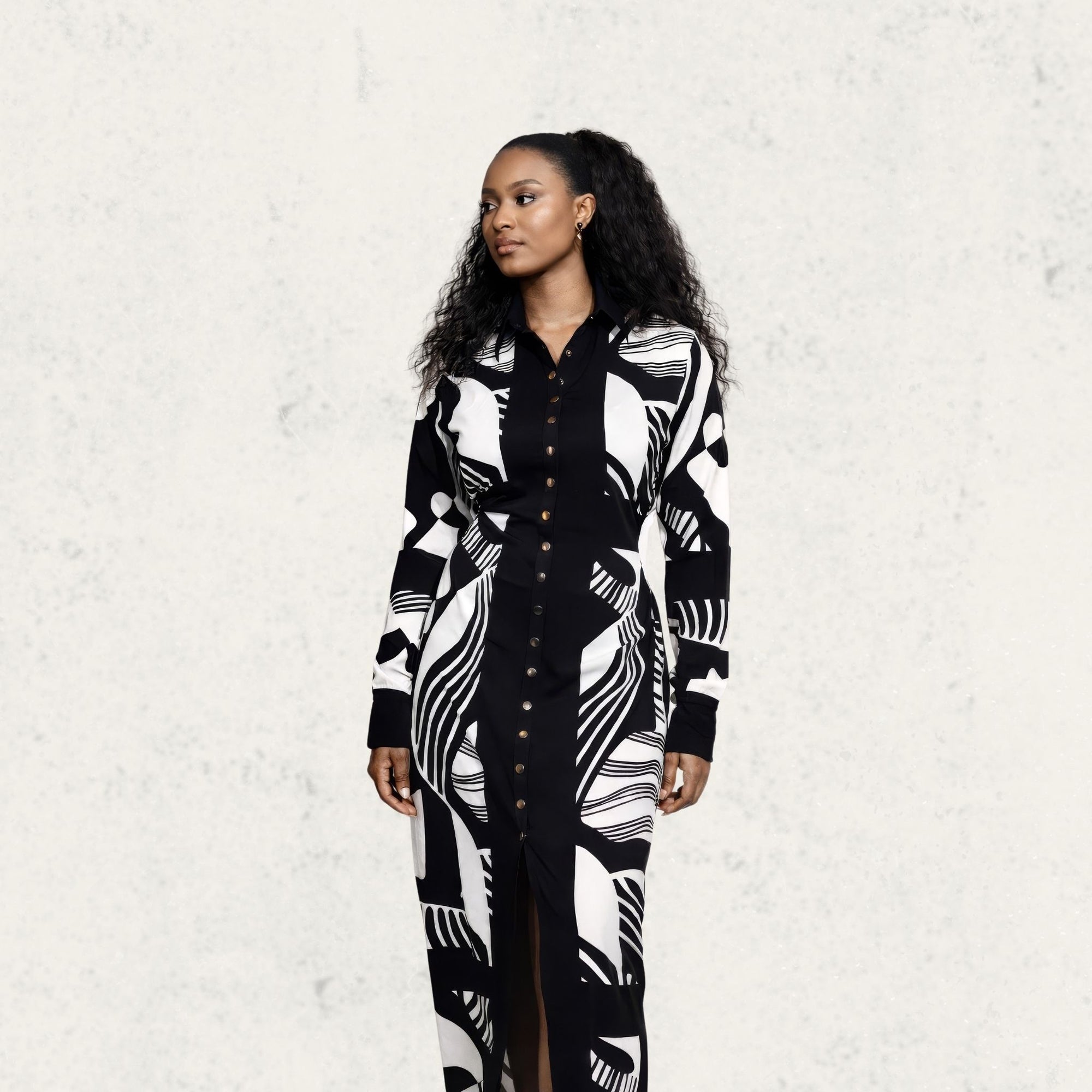 Black & White Abstract Button Maxi Dress