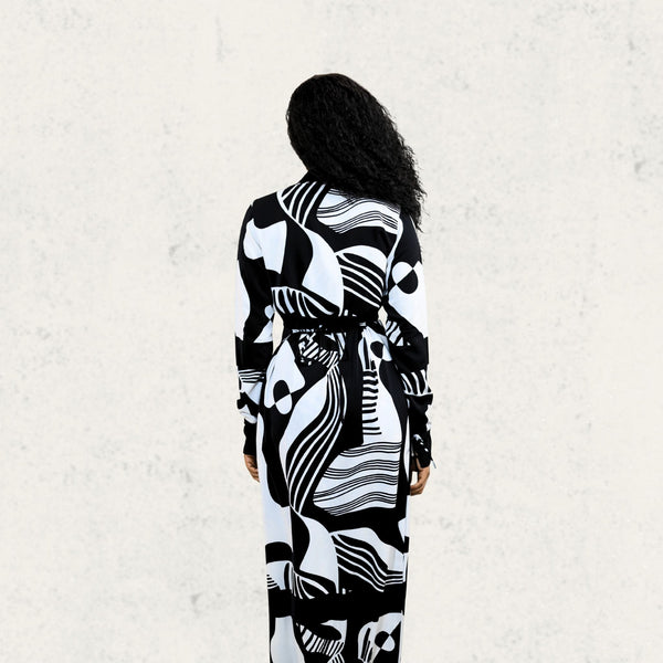 Black & White Abstract Button Maxi Dress