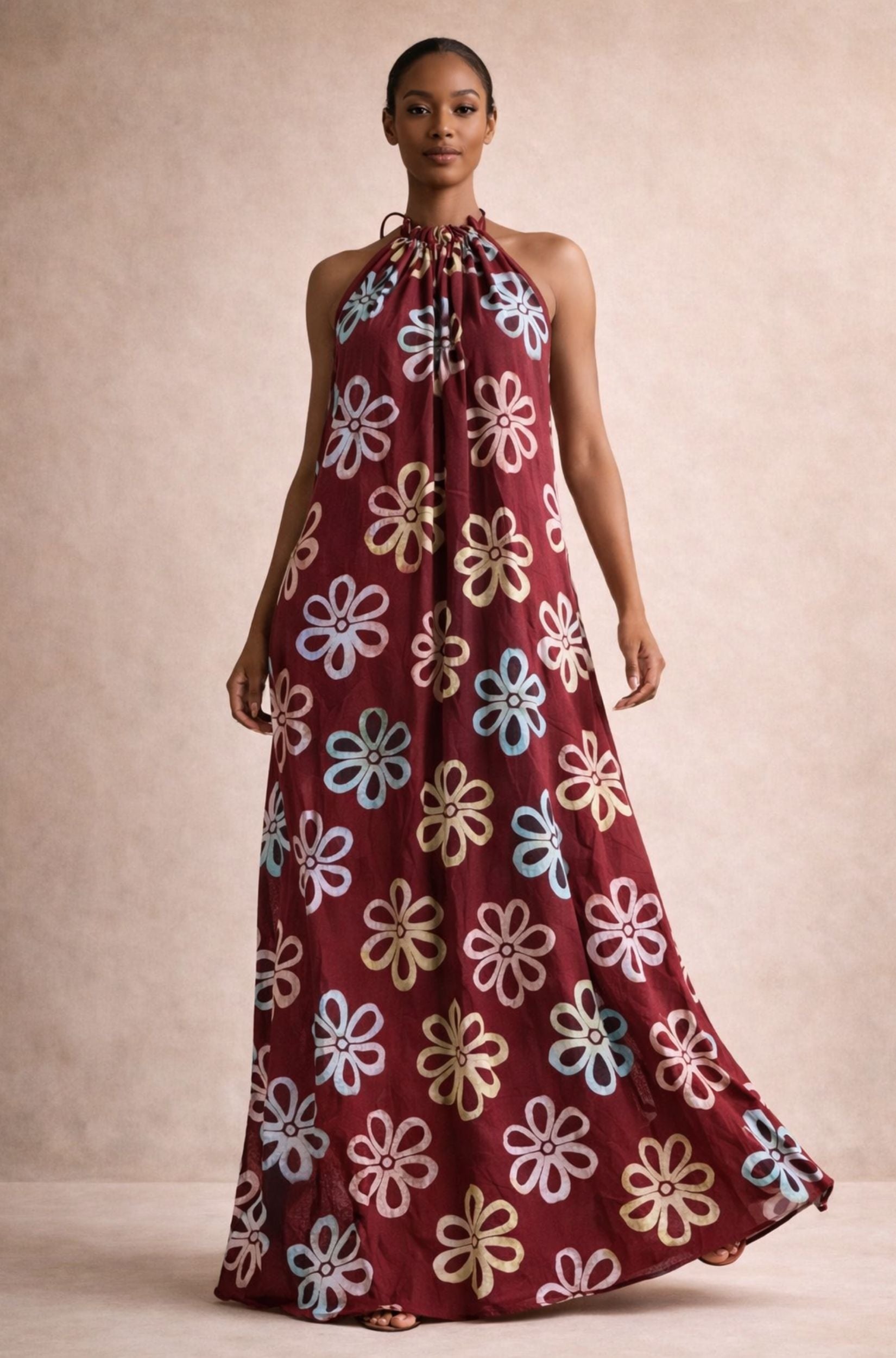 Red Flower Adire Halter Maxi Dress