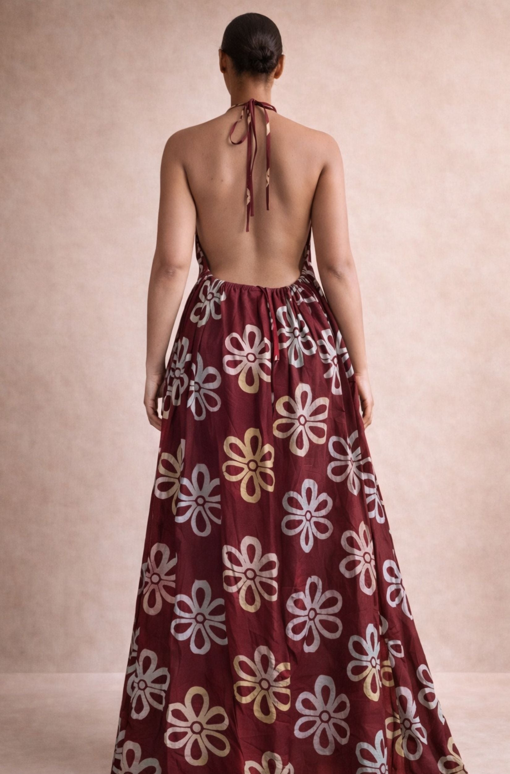 Red Flower Adire Halter Maxi Dress